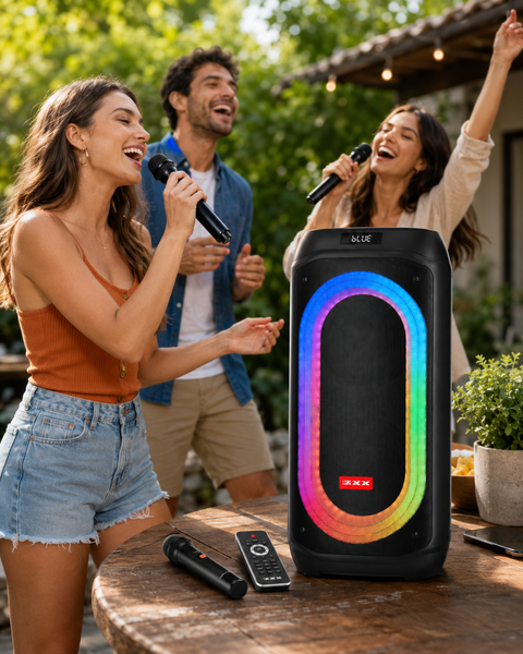 Акумуляторна Bluetooth колонка акустична система  / Колонка портативна зі світлодіодним підсвітленням + 2 бездротових мікрофона ZXX9098 фото