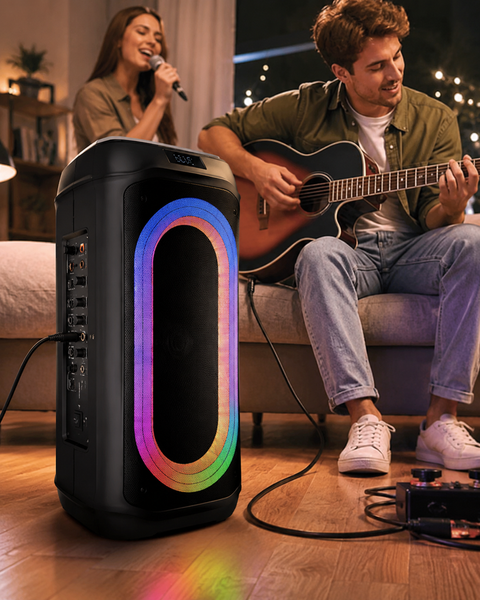 Акумуляторна Bluetooth колонка акустична система  / Колонка портативна зі світлодіодним підсвітленням + 2 бездротових мікрофона ZXX9098 фото