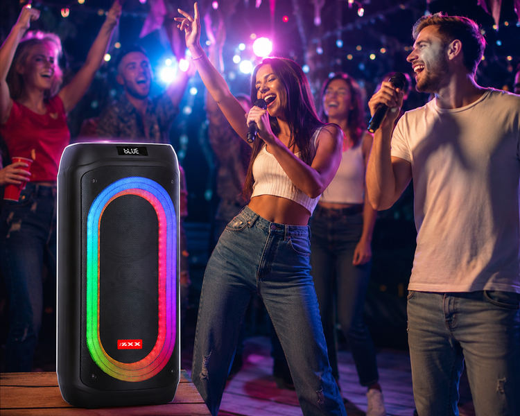 Акумуляторна Bluetooth колонка акустична система  / Колонка портативна зі світлодіодним підсвітленням + 2 бездротових мікрофона ZXX9098 фото
