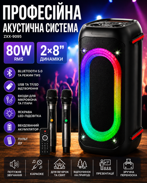 Акумуляторна Bluetooth колонка Професійна акустична система  2&times;8&Prime; / Колонка портативна з LED-підсвіткою та двома мікрофонами ZXX9095 фото